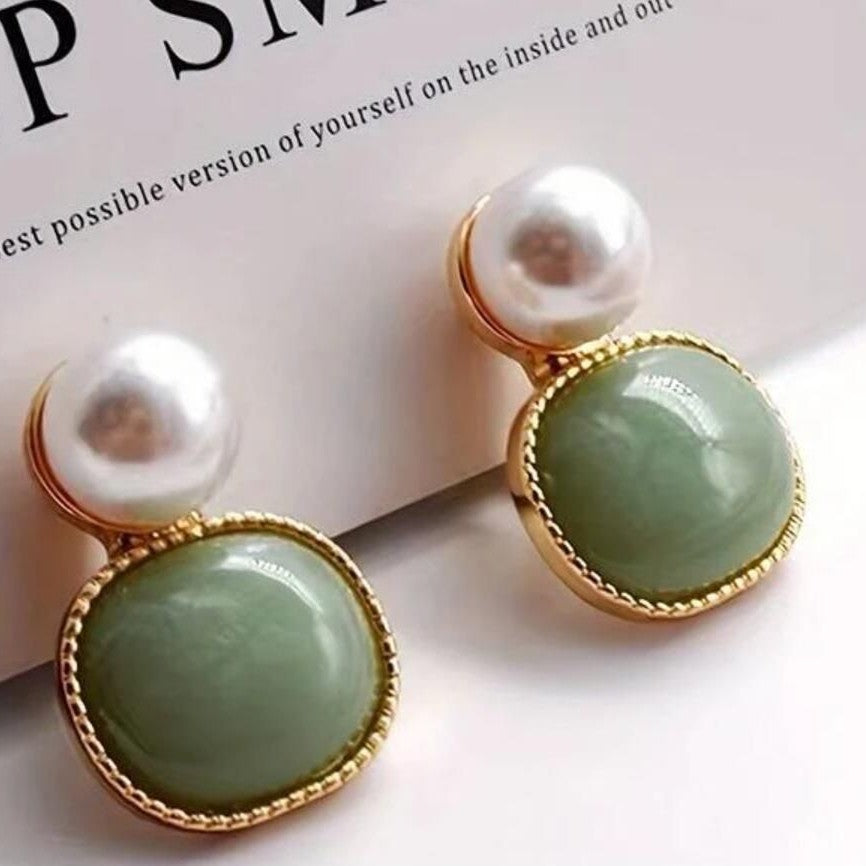 New Chinese Style Vintage Court Style Green Crystal Pearl All-match Stud Earrings