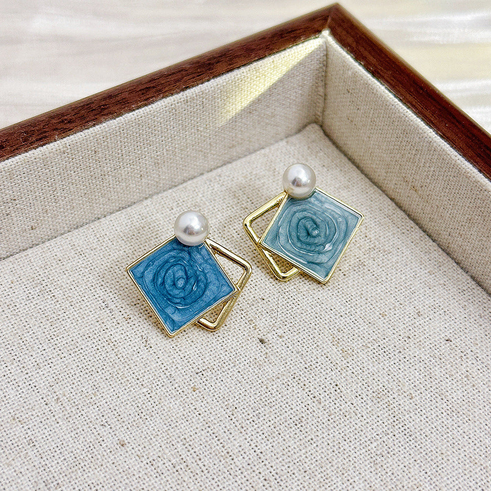 Geometric Drop Oil Contrast Color Haze Blue Ear Studs