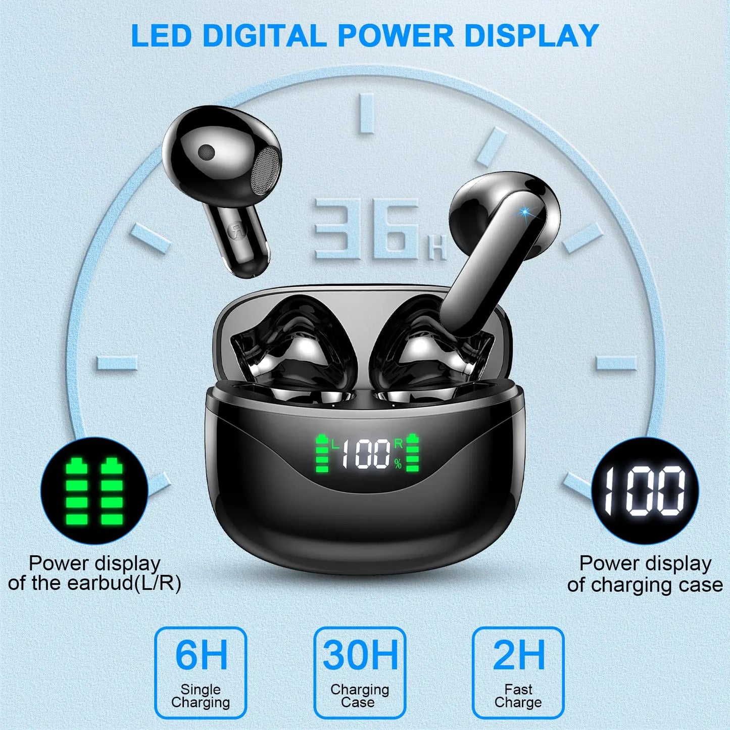 Écouteurs Sans Fil Bluetooth 5.3 avec Micro Intégré, 36H d'Autonomie, Écran LED – Performance et Confort au Rendez-vous