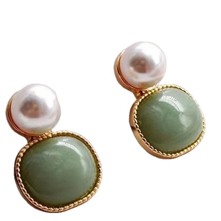 New Chinese Style Vintage Court Style Green Crystal Pearl All-match Stud Earrings