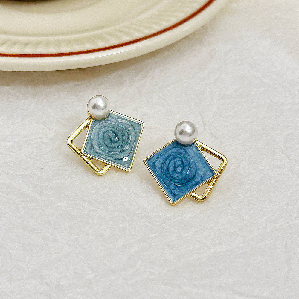 Geometric Drop Oil Contrast Color Haze Blue Ear Studs