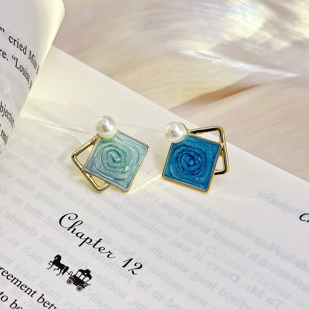 Geometric Drop Oil Contrast Color Haze Blue Ear Studs