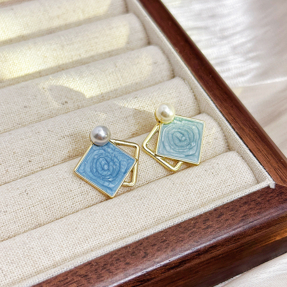 Geometric Drop Oil Contrast Color Haze Blue Ear Studs